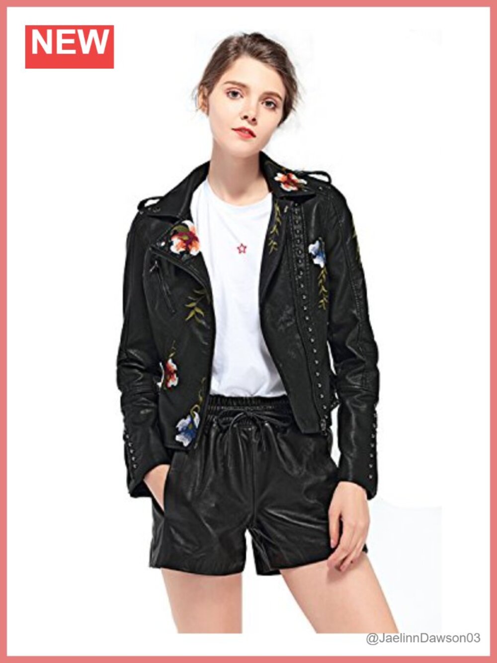 Floral Embroidered Faux Leather Moto Jacket Coat